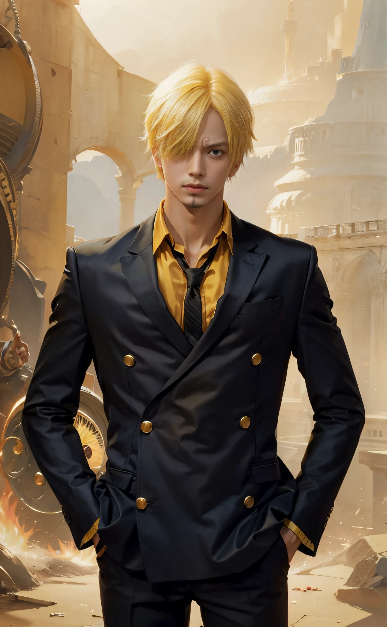 1man, sanji in anime one piece, short hair , yellow hair, black eyes, handsome, black clothes, realistic clothes, detail clothes, city background, ultra detail, realistic、Raise your right knee、Right foot engulfed in flames、