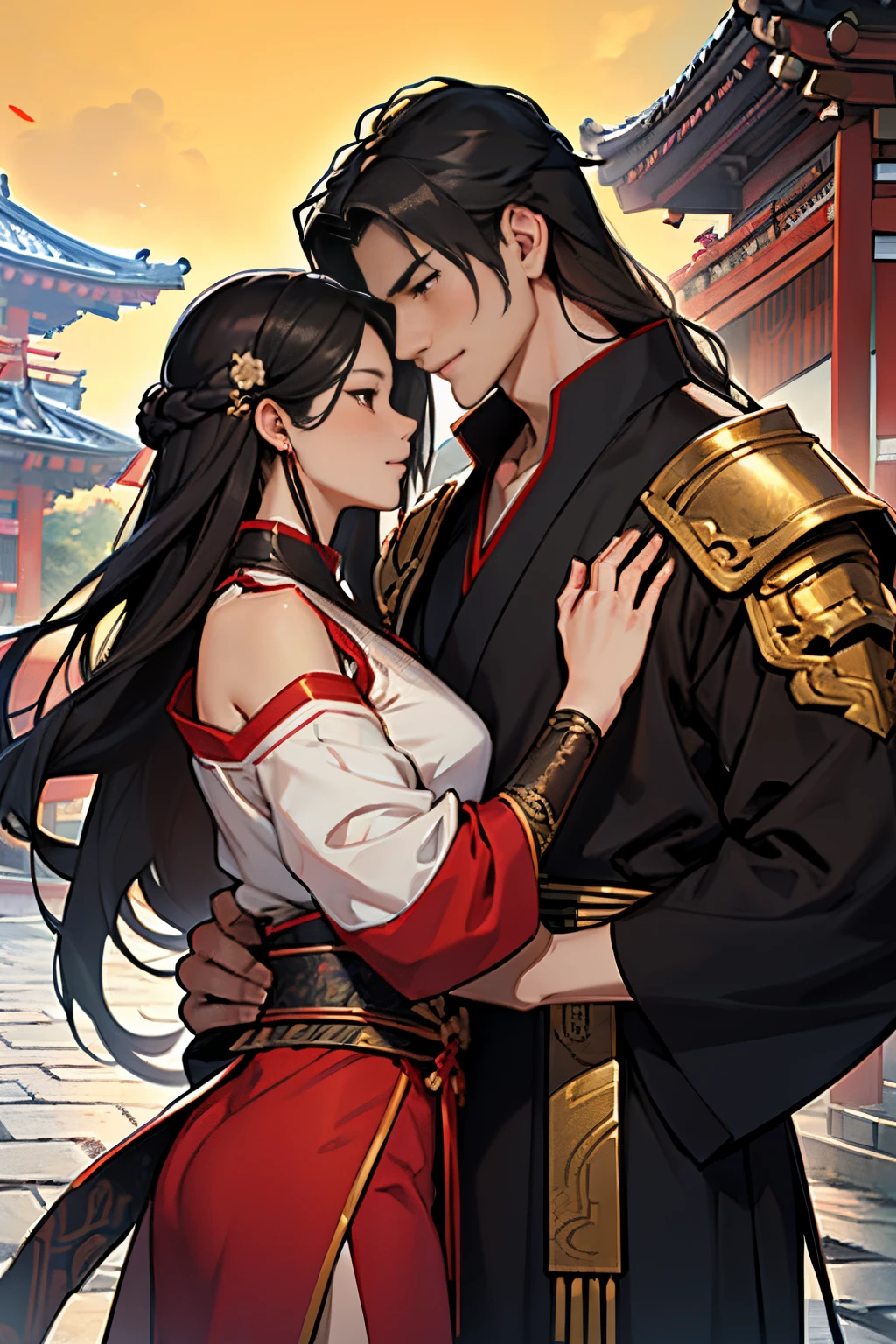 (Young warrior, long dark hair, dark eyes, big and tall, muscular, Mafia wears a black Hanfu shirt and shoulder armor. The girl, woman, long hair, brown eyes, wears a red Hanfu. is about To become a couple preparing to kiss in a blue-black theme ((( east asian architecture, beautiful background ))), first trailer posters for movies, girls and boys, romantic novel covers, manhwa, romance books cover, novel cover, illustrated novel