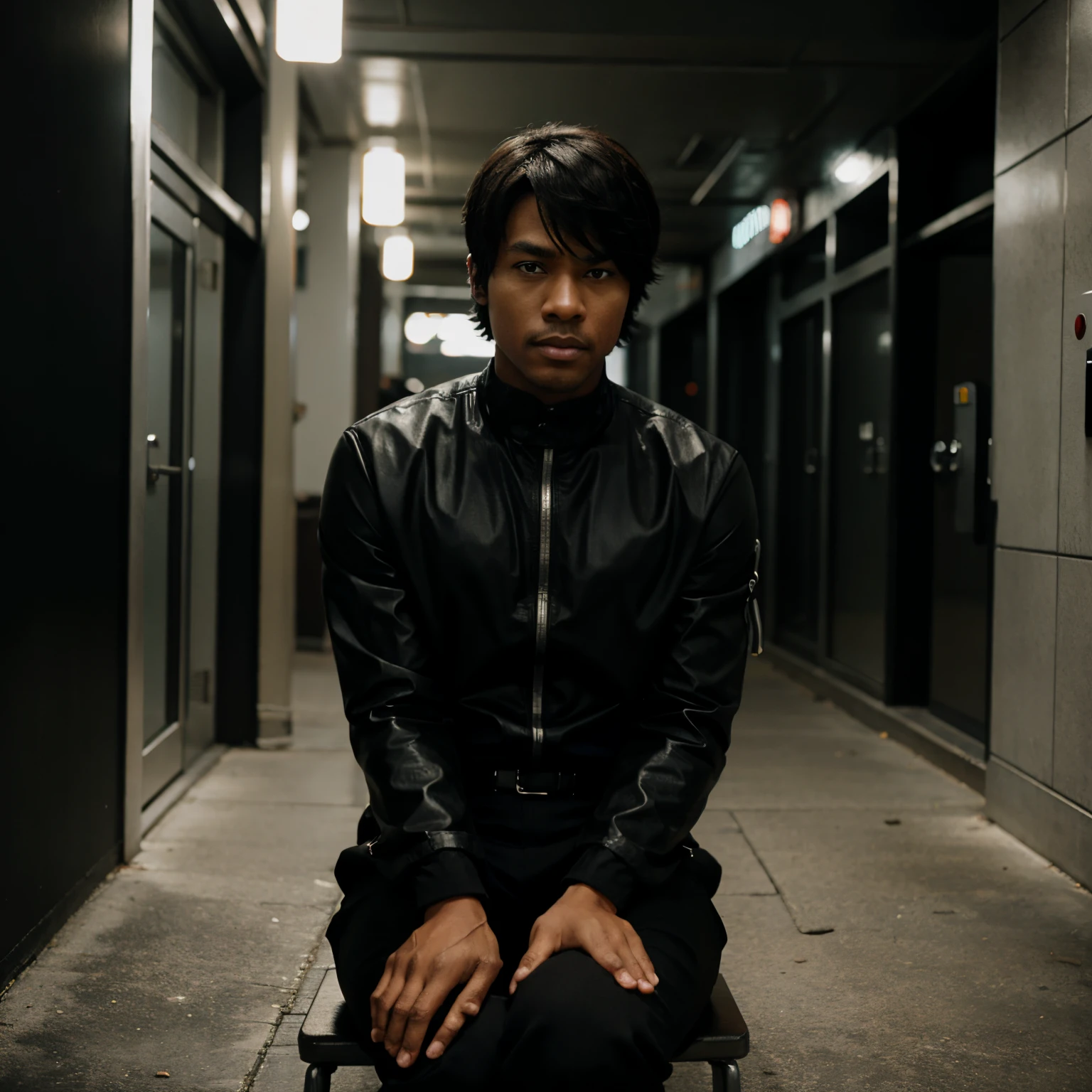 black detective man, short hair, sitting, anime style