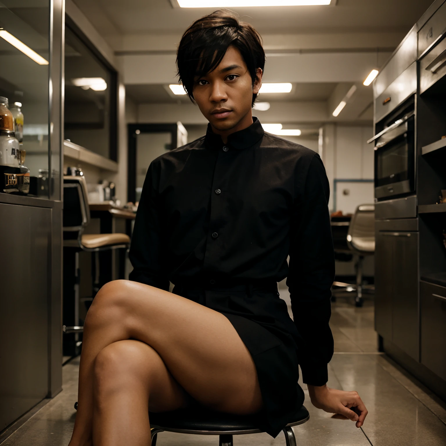 black detective man, short hair, sitting, anime style