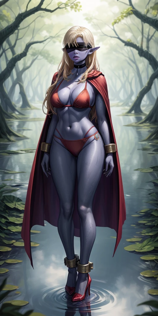 Full body, masterpiece, female drow elf purple skin standing pose, red cape, red bikini, long blonde hair, strong body, high heels, swamp background, water surface, daylight, trees, slave female with choker, blindfolded, shackles on legs and arms