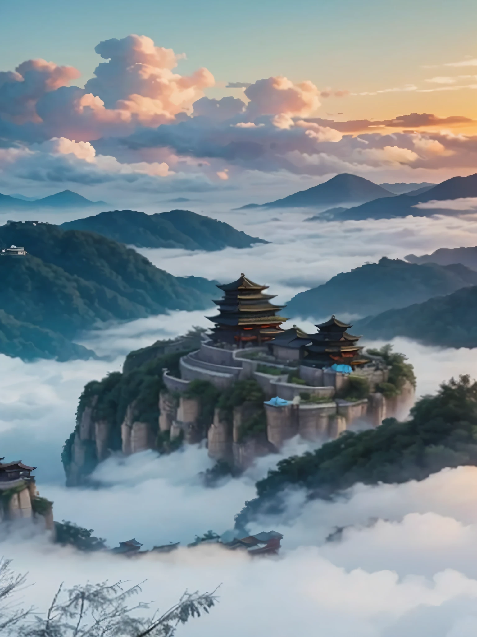 Mountain view with a pagoda on the top of the mountain, Dream Chinatown, flying cloud castle, Cyberpunk ancient Chinese castle, ancient buildings of China, Chinese landscape, ross tran. scenery background, Chinese Dreamland, author：Raymond Han, Matte painting 4k 8k, chinese fantasy, high quality matte painting, 4K matte painting, A beautiful matte painting