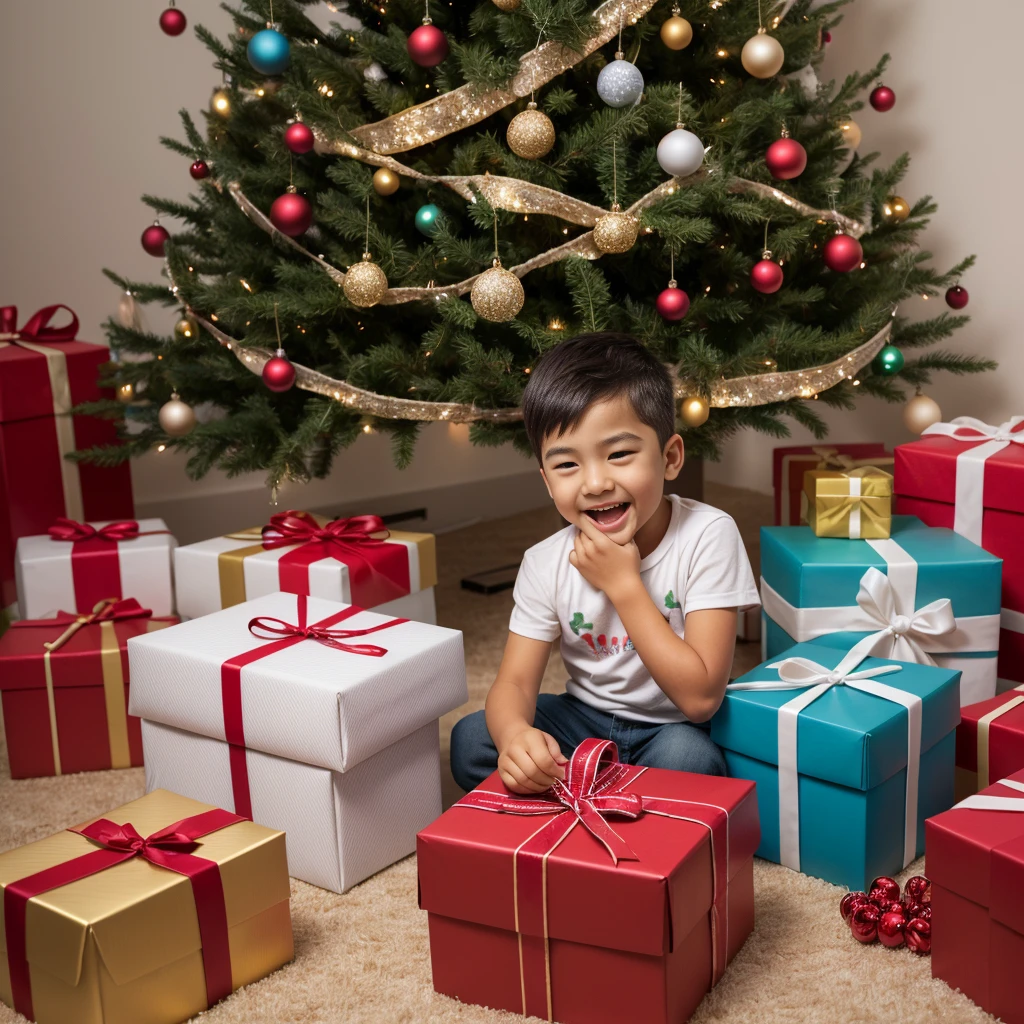 a boy unwrapping a Christmas gift,lively colorful wrapping paper,joyous expression,sparkling eyes,holiday decorations,Christmas tree,festive atmosphere,toy surprise,excitement,delightful scene,(best quality,highres:1.2),vivid colors,cheerful lighting