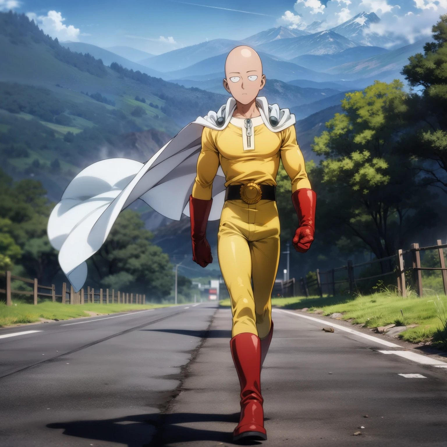 masterpiece, best quality, 1boy, (saitama), bald head, black eyes, red gloves and red boots, yellow clothes and white cape, standing, angry face, completely mad, fighting position, posting to giving punch, fine day, mountain forest sky, beautiful day, beautiful scenery, detailed face, evil smile, aura power, walking, natural light, standing, male focus, strong muscles, movie composition, deth of field, bokeh, (futuristic), (full body), one punch man, mappa studio