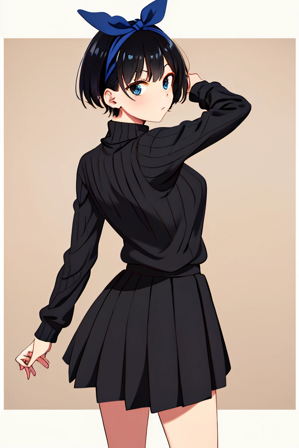 masterpiece, Best quality, Hi-Res, 1girl, Solo, Jewelry, Skirt, Sweater, Necklace, Black skirt, Black hair, Short hair, Ribbed sweater, Socks, Turtleneck sweater, Turtleneck, White socks, Blue eyes, Long sleeve, Pleated skirt, Ribbon, Chest, Bow, Hair ribbon, Hair band, Hair bow, Bangs,, Makeback, Cowboy shot, From behind, stick out acquaintance:1.2,string panties,