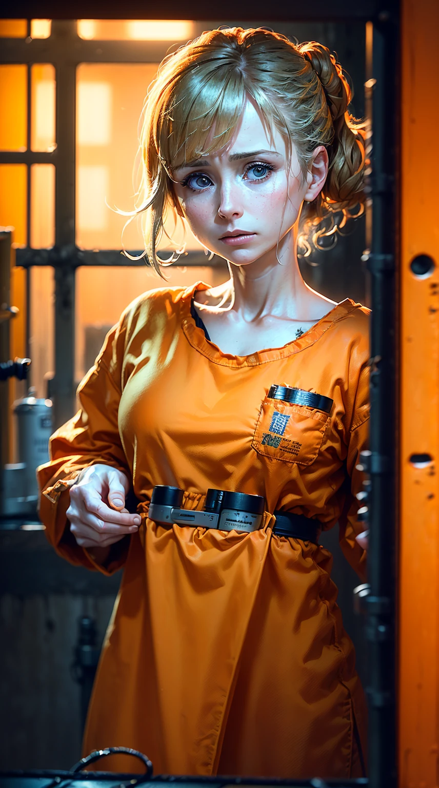 ((Realistitremely high quality RAW photos, detailedbackground, iintricate, messy hair, Exquisitedetailsandtextures, The very detailed, of photos (Alison Mack) in prison cell, (Wearing an orange prison uniform:1.3), Look away from the camera, hyperedetailed photo, warmly lit, art stations, 4K, Focus sharp, A high resolution, Delicate skin, 詳細な目, 8k ultra high definition, SLR camera, Low glare lighting, high qulity, filmgrain, XT3, sad:1.3