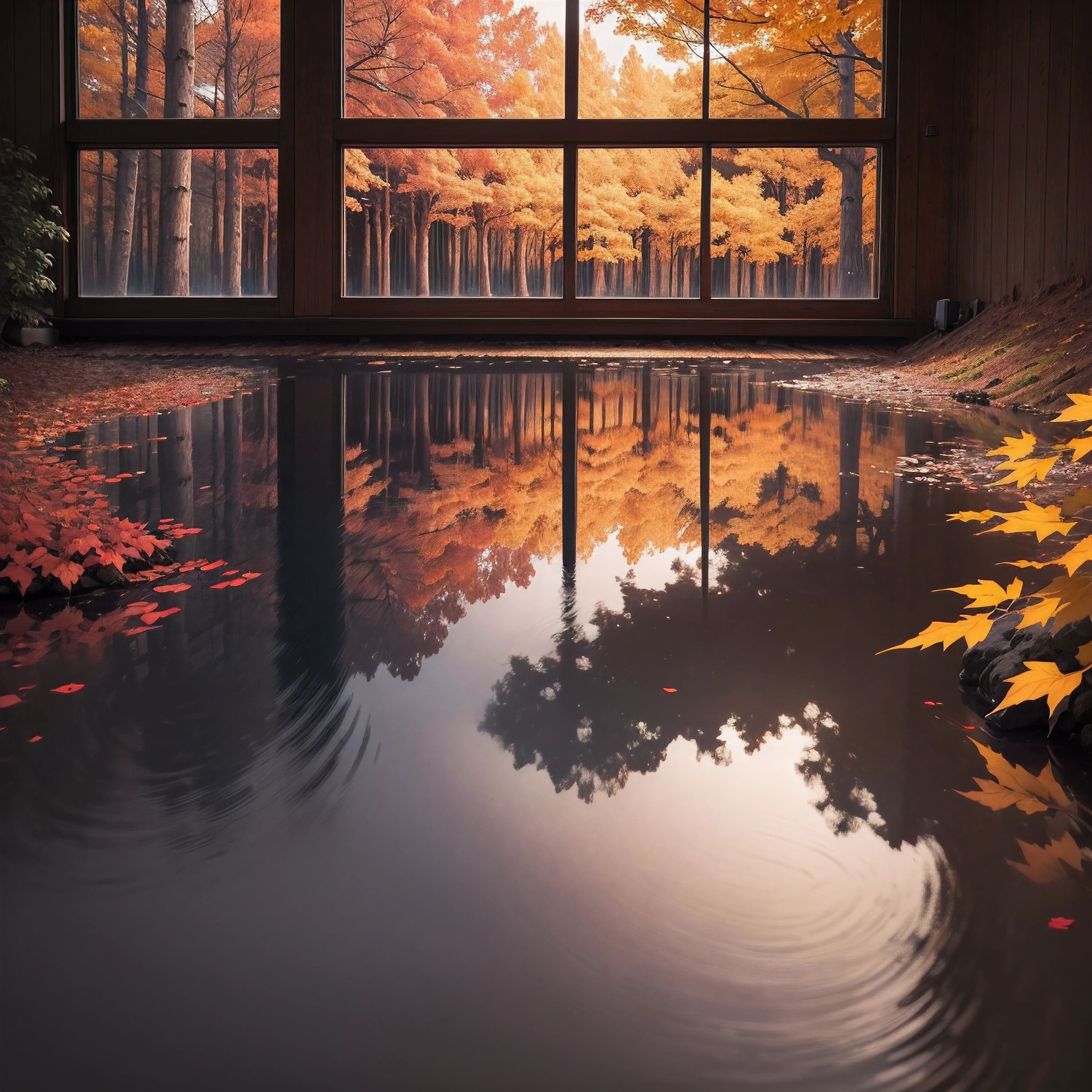 "Generate a main album cover for 'Autumn Colors' that embraces a dark and sad yet relaxing atmosphere. Picture a solitary cabin surrounded by a dense autumn forest under the muted light of a waning moon. The trees, though still adorned with leaves, cast long shadows, and the overall color palette should be subdued, featuring deep blues, purples, and hints of melancholic reds. A gentle rain falls, adding a somber ambiance, and the leaves on the ground are damp. The cabin's windows emit a soft, warm glow, contrasting with the overall darkness. Incorporate elements of reflection, such as a still lake mirroring the despondent beauty of the scene. Convey a sense of introspection and solitude, evoking the kind of relaxation found in quiet, contemplative moments. The typography should be elegant yet understated, capturing the emotional depth of the music within 'Autumn Colors.'"