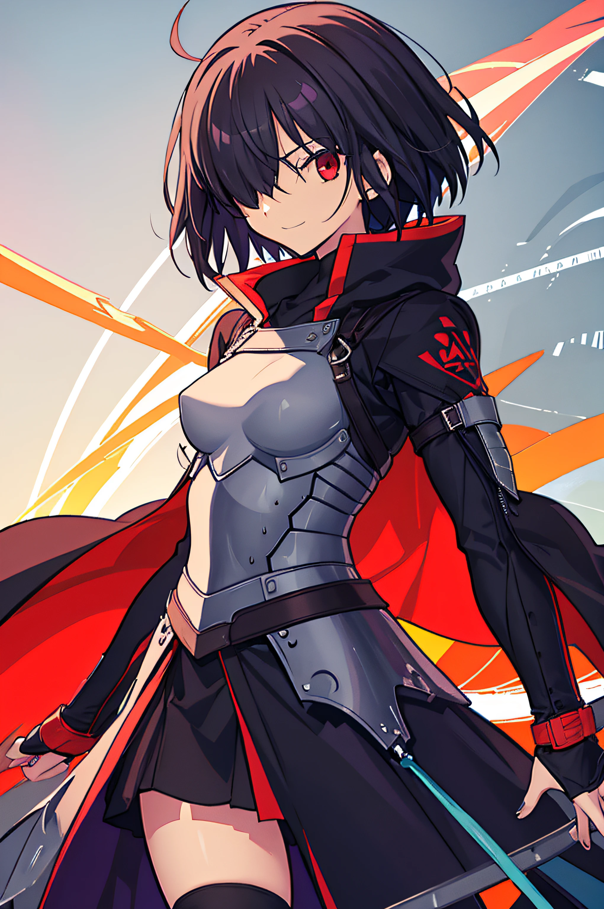 superfine illustration,1girl in,((simple background)),Hair over one eye,Standing,Tachi-e,Cowboy Shot,Black hair,Short hair,Red Eyes,Armored,knight wizard,lite smile