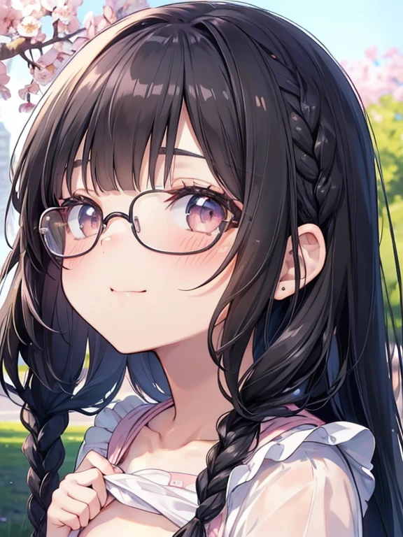 ultra-detailliert, Best Quality, High resolution, ((A petite, black-haired, cute girl with a big face looks up.))、Pretty eyes、Detailed eye depiction、Eye sparkle、Sareme、Looking at Viewer, pale skin、(((Petite))), 　（nude）、(flat chest), (big glasses), (blush:1.2), （big eye：1.5）, Shy smile, NSFW,　Under the cherry tree, Focus on the face, Long hair with braids,　((Super close-up of the face))、from Super above