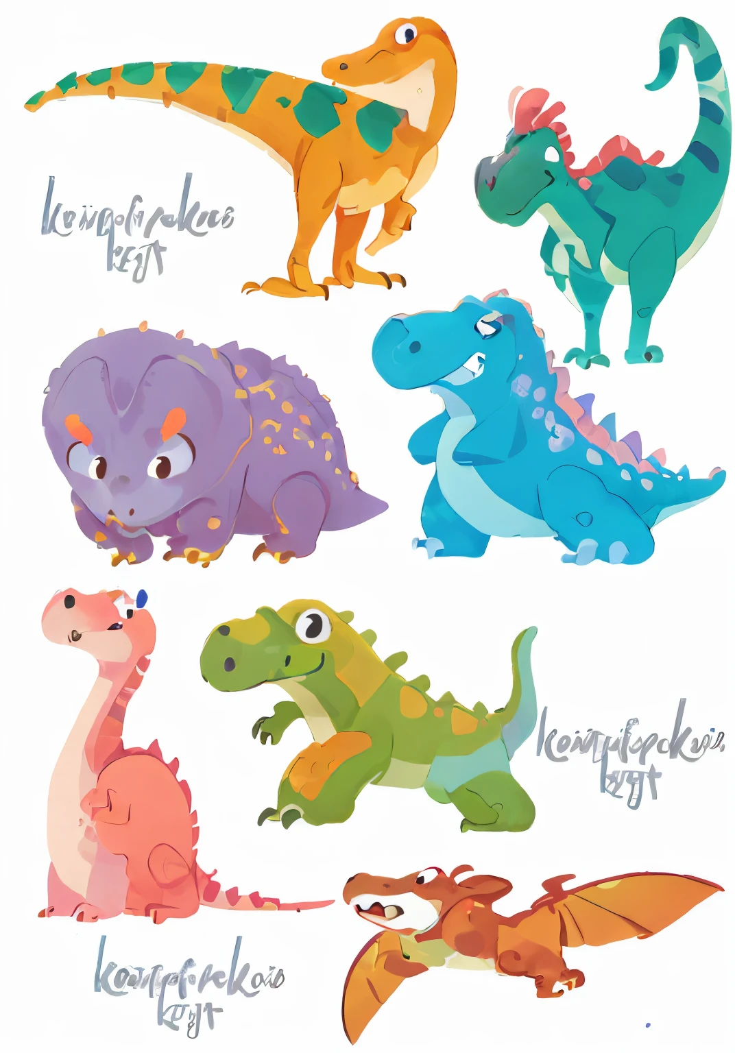 A group of dinosaurs of different colors and sizes, dinosaurs, Inspired by Abdendino, adorable creature!, author:Bella Condor, adorable creature, reptil, dinosaurs and godzilla, dinosaurs, author:Carolee Kernstock, raptors, lamplight, Style illustration, Jurassic image