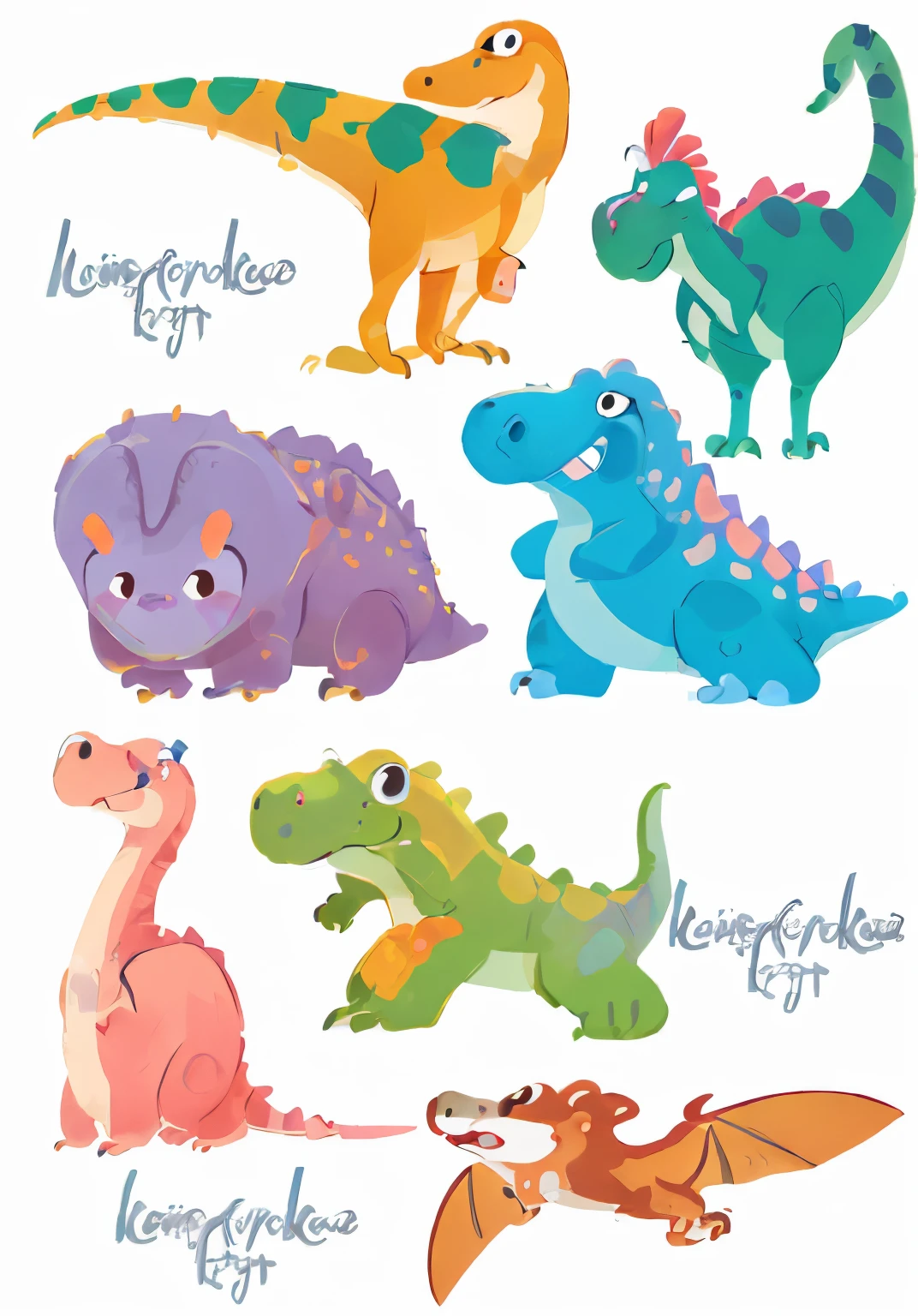 A group of dinosaurs of different colors and sizes, dinosaurs, Inspired by Abdendino, adorable creature!, author:Bella Condor, adorable creature, reptil, dinosaurs and godzilla, dinosaurs, author:Carolee Kernstock, raptors, lamplight, Style illustration, Jurassic image