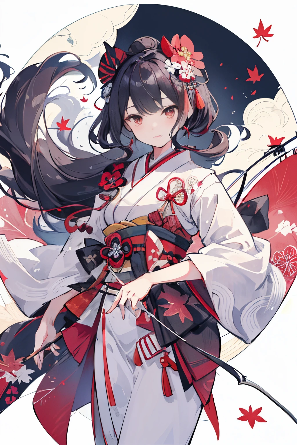 {{{Ukiyo-e_style}}},{{flat_style}},{simple_colors},{{{masterpiece}}},{katsushika_hokusai},long_hair,hair_flower,{{black_hair}},red_eyes,red_sky,{chinoiserie},{{{best_quality}}},kimono,{{ultra-detailed}},{illustration},Maple_leaves_flying,{{1girl}},{{{solo}}},{{an_extremely_delicate_and_beautiful}},blank_stare,close_to_viewer,{breeze},{Flying_splashes},{Flying_petals},wind,{Gorgeous and rich graphics}, there is a girl with a bow and arrows in hers hand, an archer girl, with a bow and arrow, holding a bow and arrow, pointing hers bow, robin hood, drawing an arrow from his quiver, holding a bow and arrow, game illustration, archer bow, holding a longbow, a beautiful artwork illustration, hold mechanical bow and arrow, bow and arrow