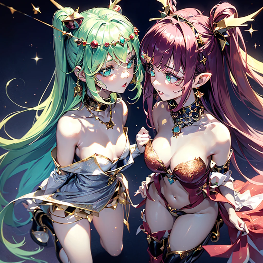 (NSFW, Almost naked costume), twins girls are magic wizards, Dynamic action, trick angle art, (face and appearance are different、It is asymmetrical:1.4), (Main theme Magical Girl Wars:1.3), Whimsical Magical Girl Enchantress, Layered dress imitating magical gift branches, Ornaments and baubles as decorative accents, Create a magical touch with metallic or sparkly fabrics, Add contrast with a tinsel belt that cinches your waist, Decorative earrings and necklaces to create a festive atmosphere, Strappy heels or boots in metallic shades, A headpiece reminiscent of a Christmas gift topper, Hair decorated with fake garlands and small ornaments, red and green glitter makeup (Aerial city background:1.2)