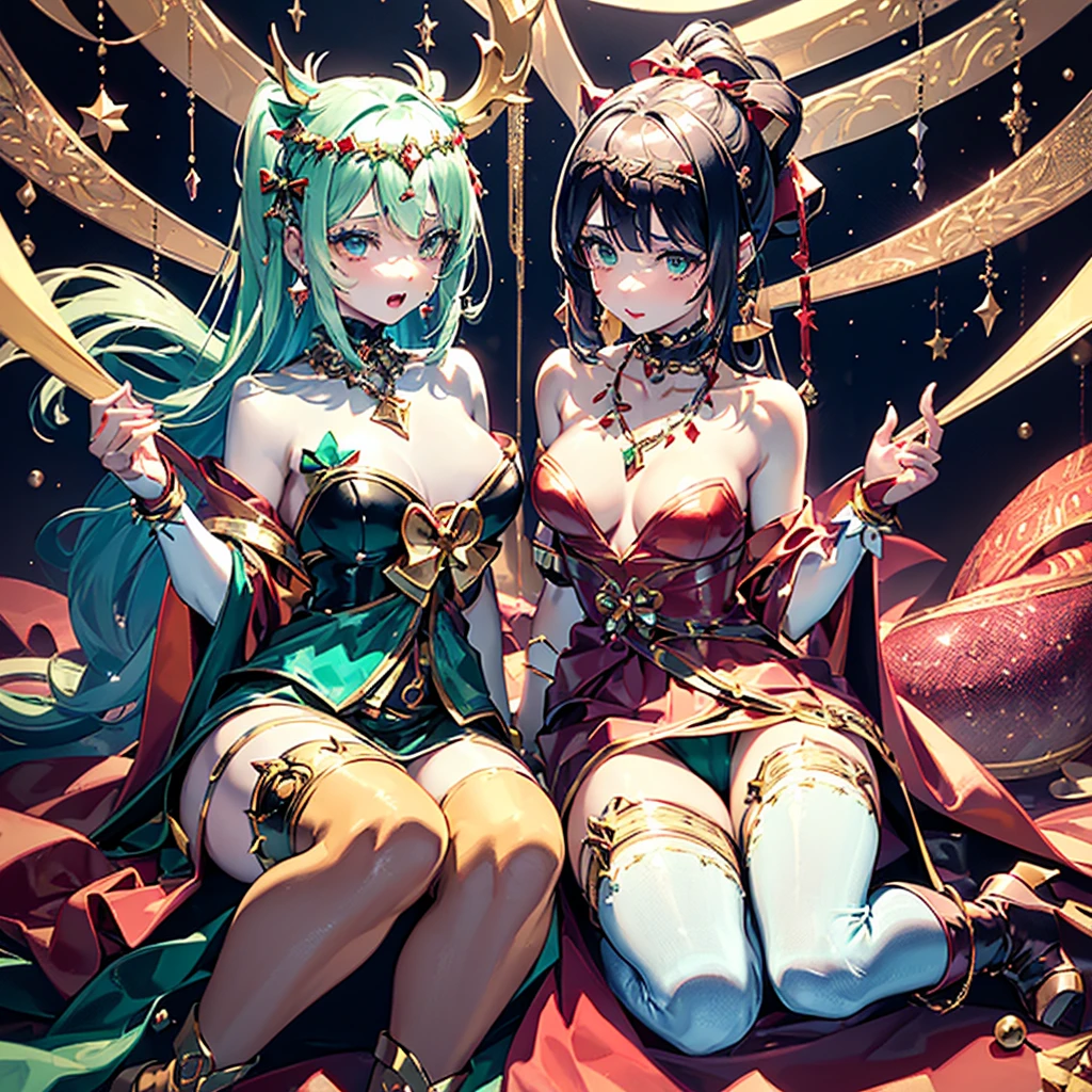 (NSFW, Almost naked costume), twins girls are magic wizards, Dynamic action, trick angle art, (face and appearance are different、It is asymmetrical:1.4), (Main theme Magical Girl Wars:1.3), Whimsical Magical Girl Enchantress, Layered dress imitating magical gift branches, Ornaments and baubles as decorative accents, Create a magical touch with metallic or sparkly fabrics, Add contrast with a tinsel belt that cinches your waist, Decorative earrings and necklaces to create a festive atmosphere, Strappy heels or boots in metallic shades, A headpiece reminiscent of a Christmas gift topper, Hair decorated with fake garlands and small ornaments, red and green glitter makeup (Aerial city background:1.2)