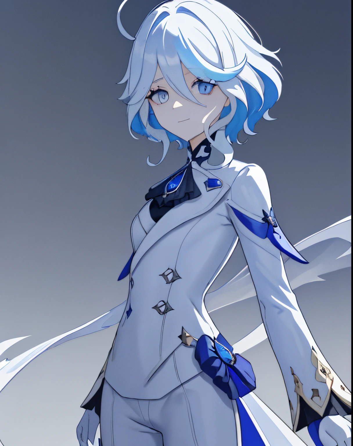 tmasterpiece, Best quality, almero dere, Mad eyes, Sick, blue backdrop, eBlue eyes, empty eyes tired:1.1), eye bags, partially colored, (messy hair:0.9), face expressionless, (looking-down:1.3), (shaded face:1.2), shadows on eyes, seen from the side,White latex coat,tightsuit, skin tight, latex,White jumpsuit,White jumpsuit, shinning clothes, Shiny, steamy,tmasterpiece, Best quality at best, 1 Sister, Forina, genshin impact, White hair, Blue hair,A thin body,Beautiful blood red eyeshadow,white long coat, There are blood stains on the long white coat, Morbid smile, mad smile,face with blood stains