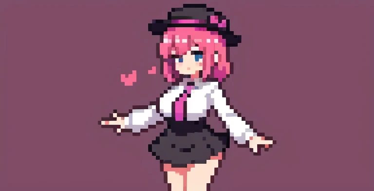 1girl, pink slime girl, large breasts, full body, cute, hearts, black hat, long-sleeved top, short black skirt, standing