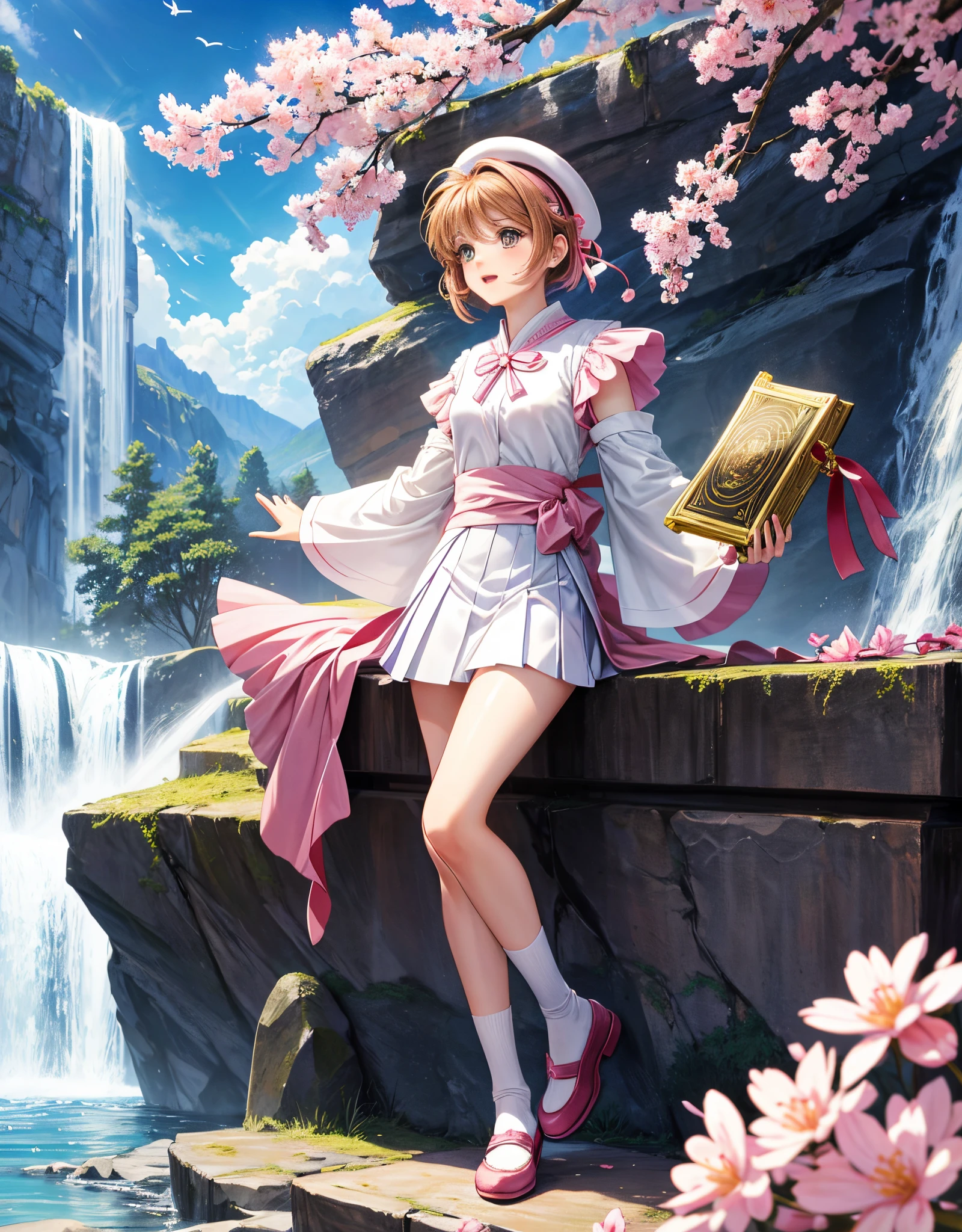 photo raw `Masterpiece in maximum ((16K resolution UHD HIGH DETAIL)), inspired by the anime style of ((Card Captor Sakura)), featuring ((Sakura Kinomoto)) at the age of 30. Wearing an all-white mage outfit with pink accents and ribbons, a short pleated pink  skirt, white stockings with pink stripes, and clips on the skirt. The shoes are pink, and a pink sash  elegantly tied around her waist. Sakura  looking directly at the viewer, her green eyes radiating joy as she warmly smiles. Her short brown hair, with a large fringe falling over her right eye. A white beret adorned with a pink ribbon and golden accents, highlighting a golden star in the center. The scene unfolds in an ancient temple, surrounded by a majestic waterfall. White marble structures frame the setting, with a central altar displaying a magic book. Surrounding altars contain ancient writings, while various spirit animals manifest among rocky and wooden structures, creating a magical and enchanting atmosphere. | {The camera  positioned very close to her, revealing her entire body as she adopts a dynamic pose, interacting with and leaning on a structure in the scene in an exciting way} | ((perfect_pose)), She  adopting a ((dynamic_pose as interacts, boldly leaning on a structure, leaning back in a dynamic way):1.3), ((full body)), ((hands_with_5_fingers):1), ((perfect_hands):1), ((perfect_fingers):1), ((perfect_legs):1), better_hands, More Detail