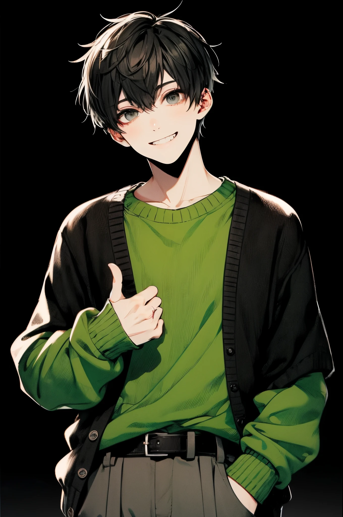 Delicate eyes、Eyes as clear as a turtle's'S'S'S'S'S'S'S'S'S'S'S'shell of、black hair shorthair、Pixiv style vertical high quality illustration of a beautiful young man with brown eyes, Show your teeth and smile, in a slightly faded state, Soft style. he is wearing a bright green sweater, black overshirt, dark gray baggy pants. The young idol a 🤙 hand geSture while holding a microphone, And poses. black in the background, Soft、Has a slightly faded effect、Gives a gentle and artistic impression。.