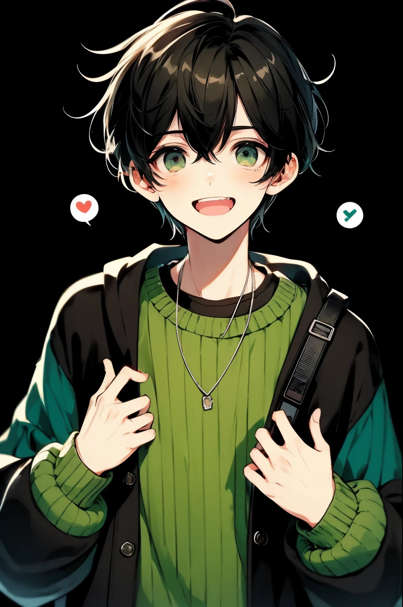 Delicate eyes、Eyes as clear as a turtle's'S'S'S'S'S'S'S'S'S'S'S'shell of、black hair shorthair、Pixiv style vertical high quality illustration of a beautiful young man with brown eyes, Show your teeth and smile, in a slightly faded state, Soft style. he is wearing a bright green sweater, black overshirt, dark gray baggy pants. The young idol a 🤙 hand geSture while holding a microphone, And poses. black in the background, Soft、Has a slightly faded effect、Gives a gentle and artistic impression。.