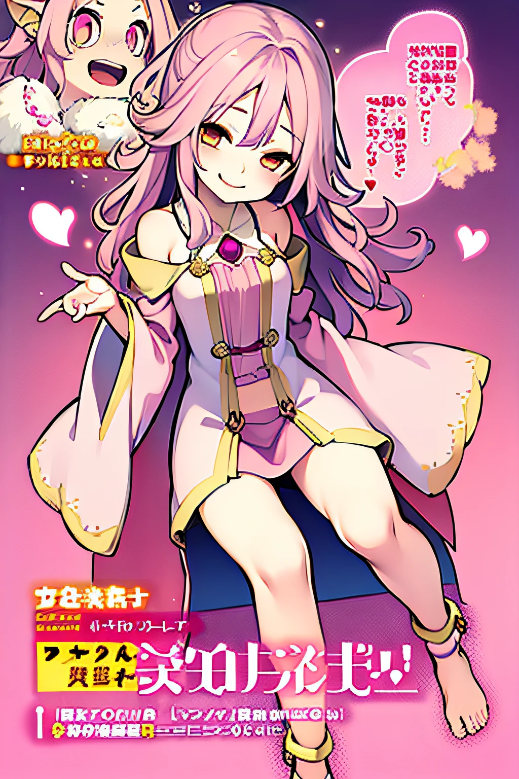 Cute older sister， Golden Eyes, Glowing eyes，Long pink wavy hair，Happy smiling face，Full body，Pink pajamas,Wearing a light pink magic robe,Loose fluffy,Succubus