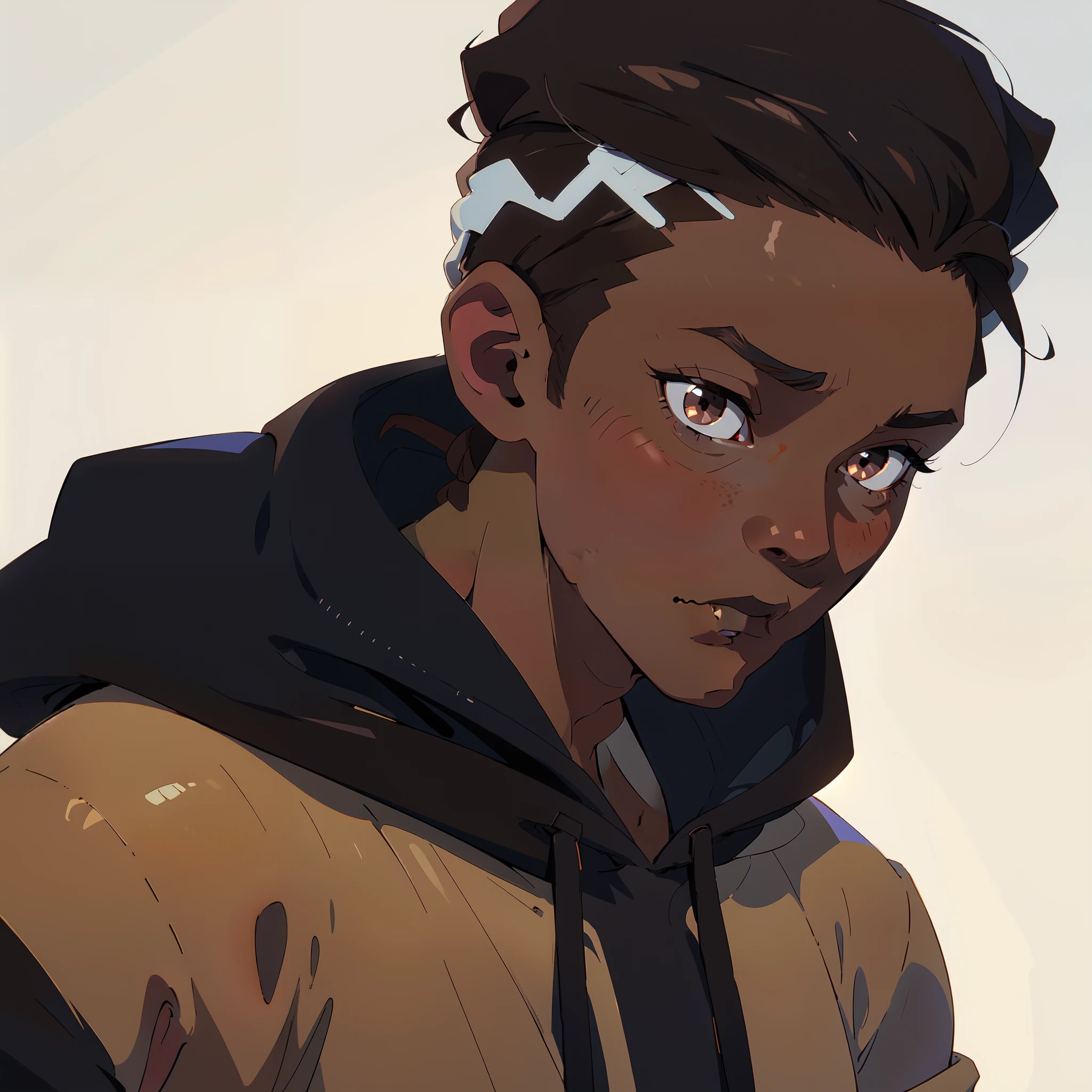 there  an African man in a hoodie looking up at the camera, very very low quality picture, selfie, profile picture, looking defiantly at the camera, black hair, brown eyes, showing forehead, hood and shadows covering face, 80's anime style