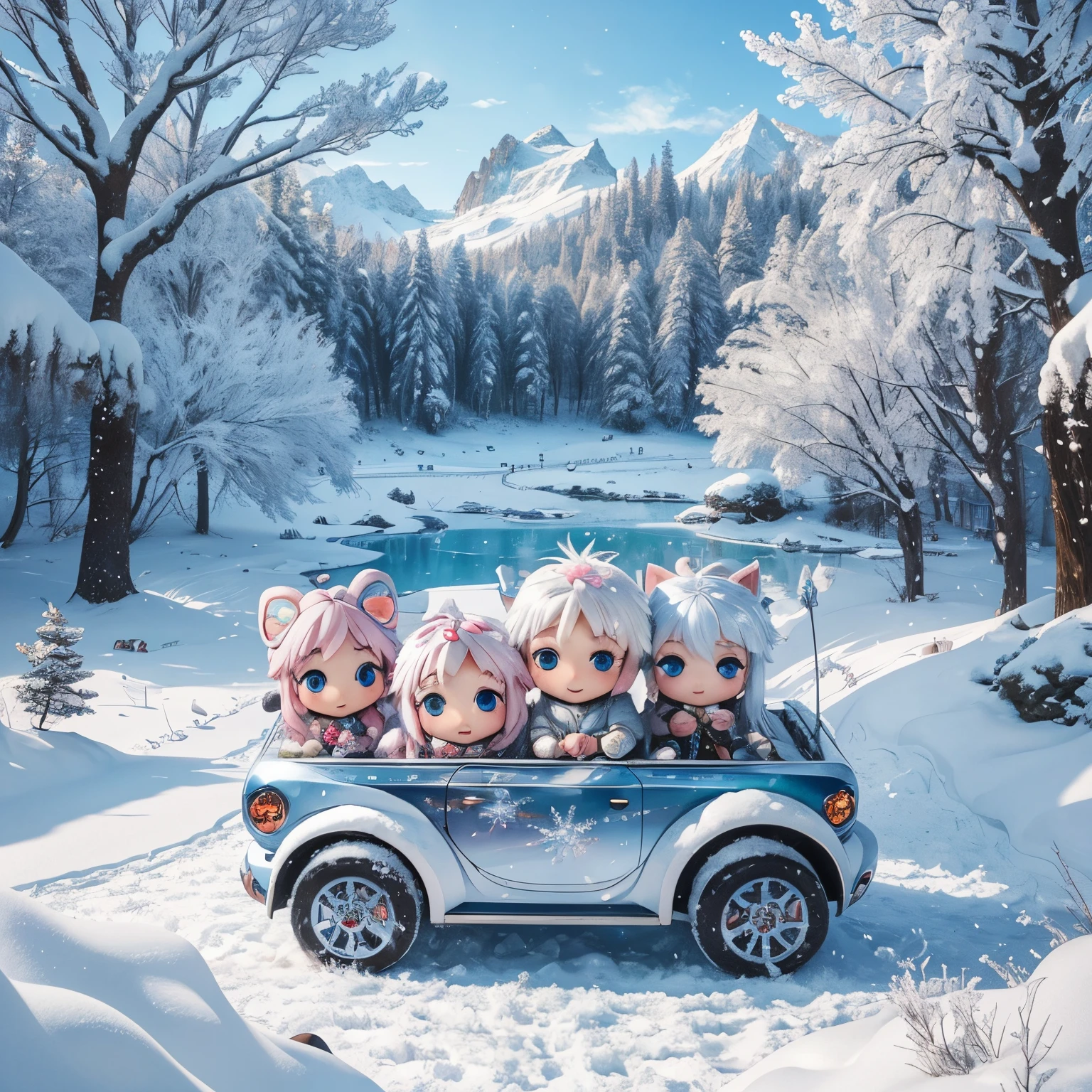 finest image, The painting style resembles anime characters from fairy tales, snowy mountains, frozen lakes, sparkling amusement park-like decorations, (chibi deformed characters, children, animals:1.4), people having fun, fantasy