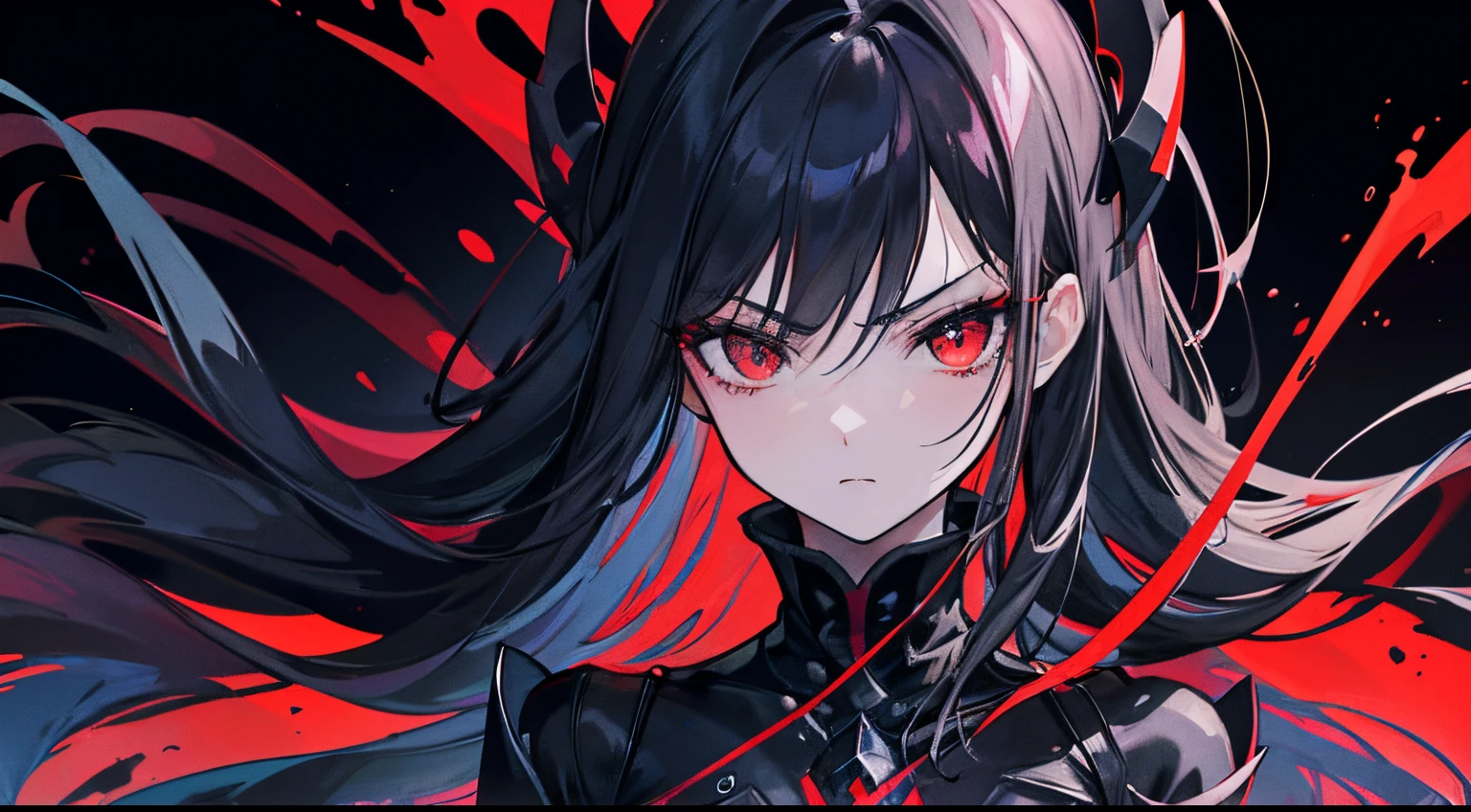Dark queen, girl, perfect face, perfect body structure , perfect eyes, red eyes, darkness , cold stare , cold face ,long black dress, badass , seductive anime art, masterpiece, wallpaper