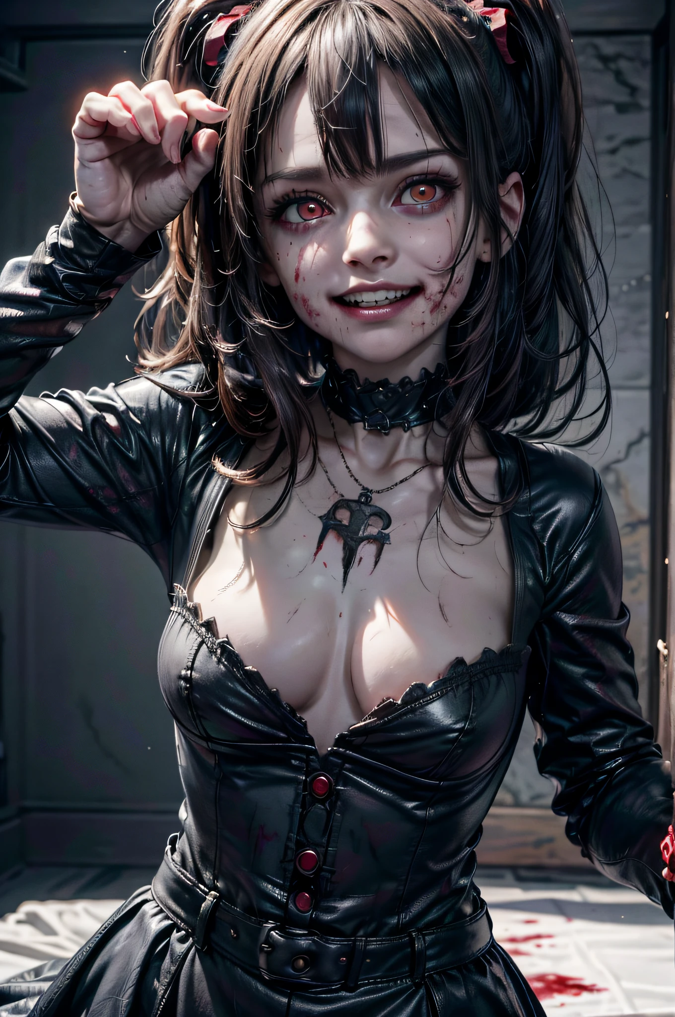 (best quality,4k,highres:1.2),ultra-detailed,realistic,portrait,girl,staring at camera,malevolent grin,exposed teeth,wide smile,bloody butcher knife,background,family,family dead,bloody scene,dark atmosphere,horrifying,dreadful,creepy,vivid colors,sharp focus,detailed eyes,expression,murderous intent,dangerous,emotion,psychological horror,nightmare,macabre,artistic,terrifying,horror movie,horror theme,horror film,low-key lighting,bloody hands,bloodstains,evil,menacing,horror story