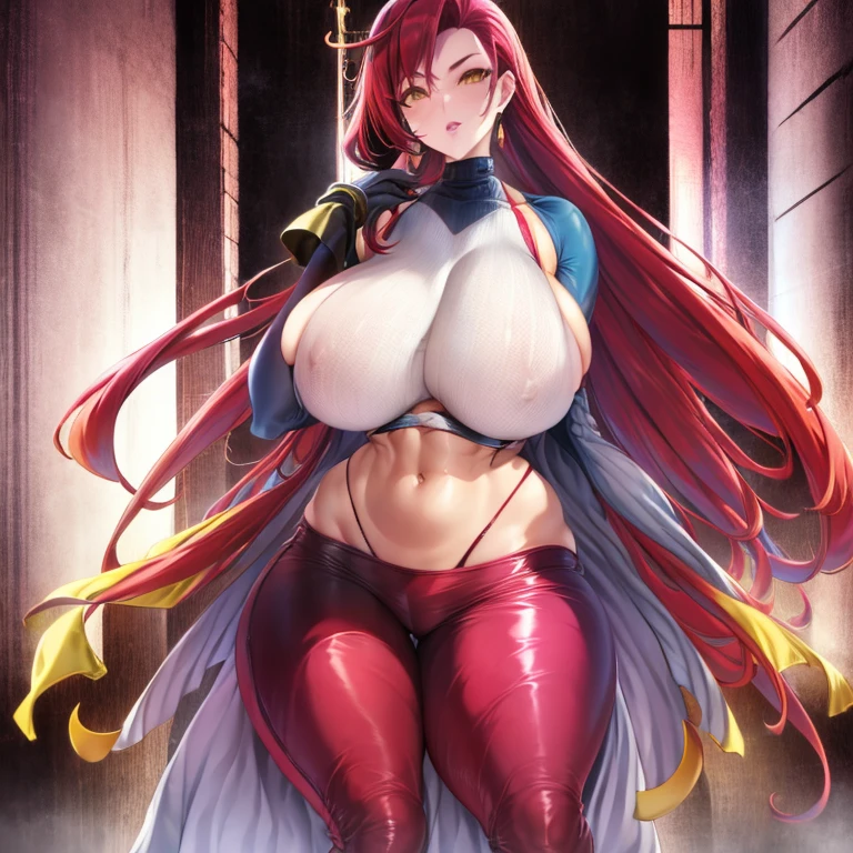 1girl, backless outfit, milf, mature 35 year old women, breasts, earrings, elbow gloves, gloves, high heels, jewelry, large breasts, lips, long hair, multicolored hair, navel, red hair, shadow, sideboob,  background, solo, stomach, tan, turtleneck, two-tone hair, very long hair, virgin destroyer sweater, white background, yellow eyes, soft toned belly, wide hips, curvy, voluptuous, nsfw