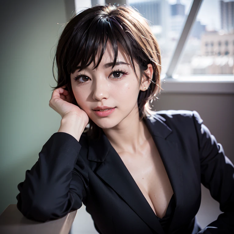 vivid colors, soft lighting, artistic portrait style, (tmasterpiece:1.2, Best quality at best),Alone, full body, black short hair, makeup, Confident and relaxed,parted lips , teats slightly embossing, Look up, view to camera, business suit, office, smile, mole under mouth