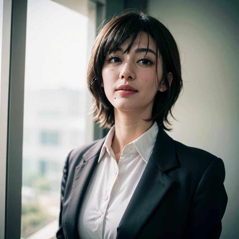 vivid colors, soft lighting, artistic portrait style, (tmasterpiece:1.2, Best quality at best),Alone, full body, black short hair, makeup, Confident and relaxed，parted lips , teats slightly embossing, Look up, view to camera, business suit, office, smile, mole under mouth