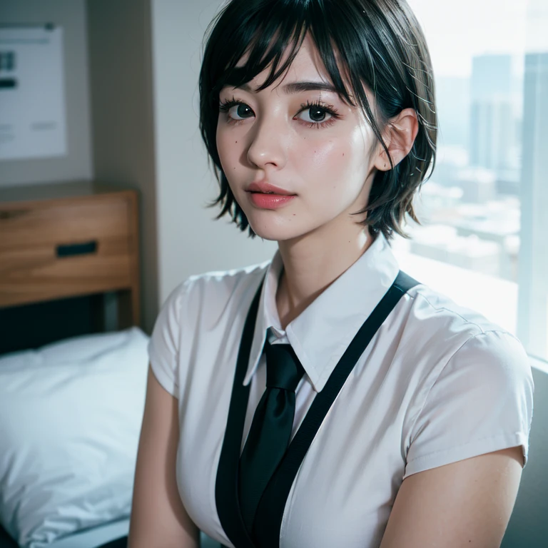 vivid colors, soft lighting, artistic portrait style, (tmasterpiece:1.2, Best quality at best),Alone, full body, black short hair, makeup, Confident and relaxed,parted lips , teats slightly embossing, Look up, view to camera, business suit, office, smile, mole under mouth