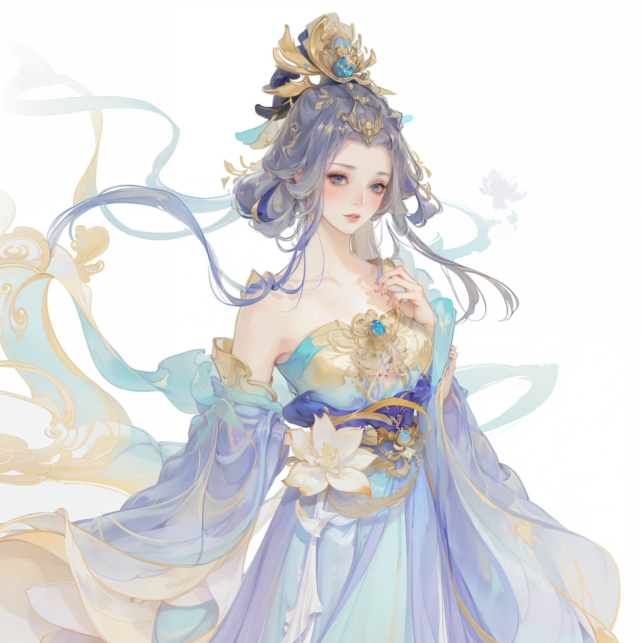 Anime girl in blue clothes，Wears a golden crown on his head，She wears a long blue dress, beautiful fantasy empreseautiful fantasy empress)), 宮 ， A girl in Hanfu, gilded lotus princess, Very detailed and beautiful fan art, Princesa chinesa antiga, full-body xianxia, Inspired by Lanying, beautiful and elegant elf queen, Belle peinture de personnage, A beautiful artistic illustration