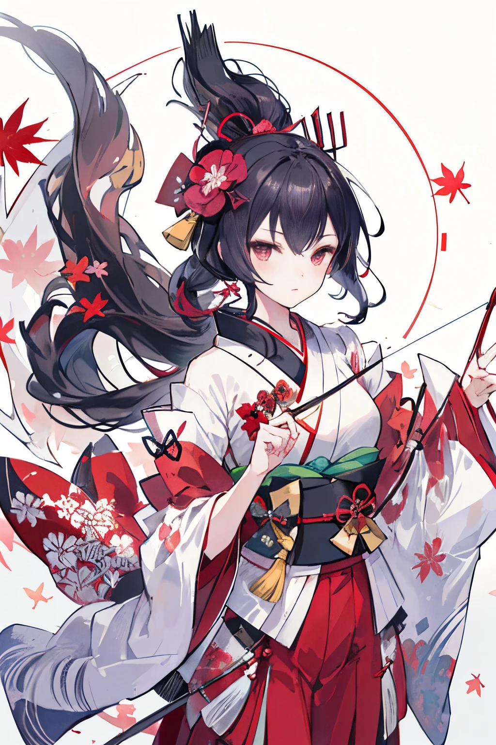 {{{Ukiyo-e_style}}},{{flat_style}},{simple_colors},{{{masterpiece}}},{katsushika_hokusai},long_hair,hair_flower,{{black_hair}},red_eyes,red_sky,{chinoiserie},{{{best_quality}}},kimono,{{ultra-detailed}},{illustration},Maple_leaves_flying,{{1girl}},{{{solo}}},{{an_extremely_delicate_and_beautiful}},blank_stare,close_to_viewer,{breeze},{Flying_splashes},{Flying_petals},wind,{Gorgeous and rich graphics}, there is a girl with a bow and arrows in hers hand, an archer girl, with a bow and arrow, holding a bow and arrow, pointing hers bow, robin hood, drawing an arrow from his quiver, holding a bow and arrow, game illustration, archer bow, holding a longbow, a beautiful artwork illustration, hold mechanical bow and arrow, bow and arrow