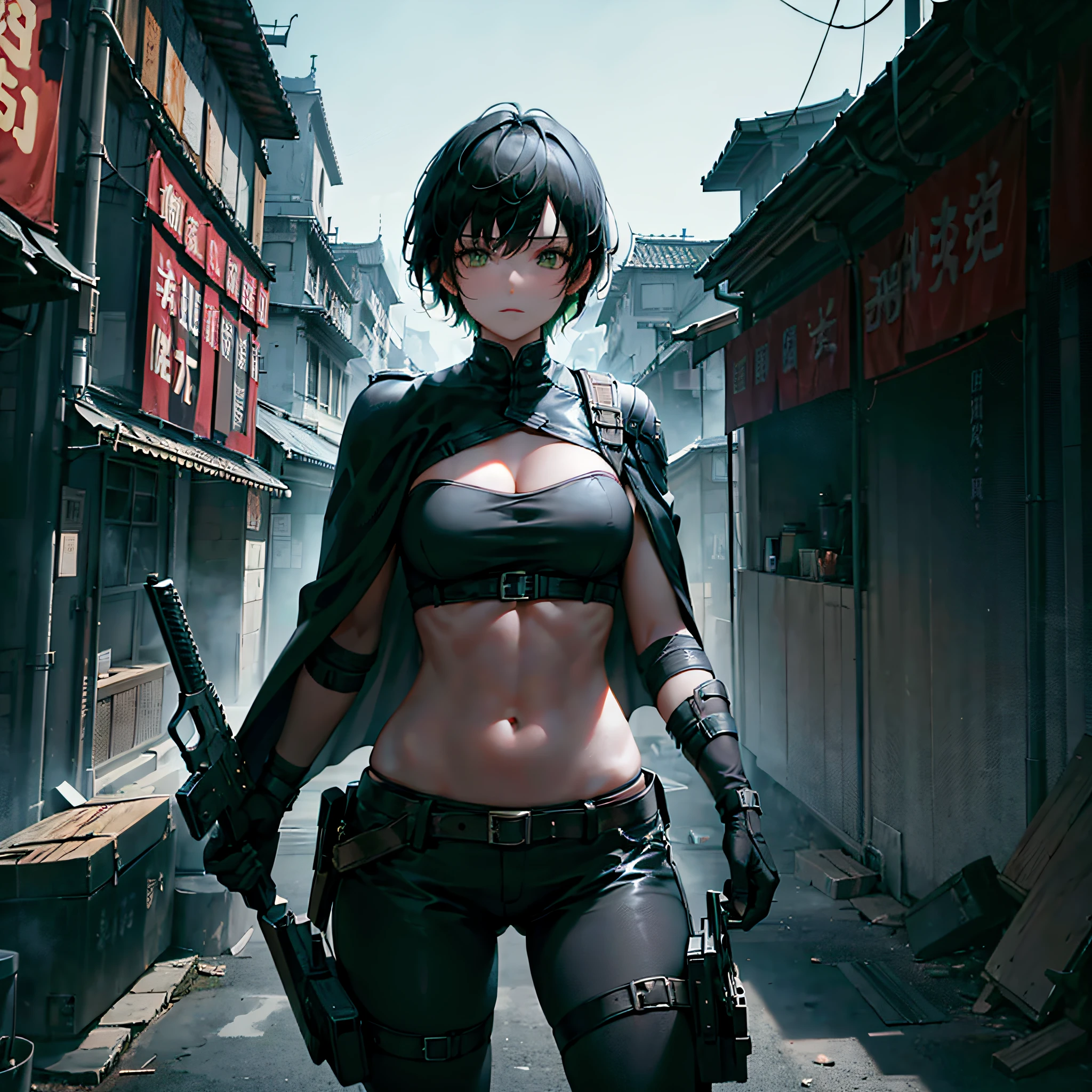1girl, short black hair with bangs and green highlights, green eyes, athletic, abs, cooling multi-band, wearing black leotard, wearing technical cargo pants, wearing black leather gloves, wearing black cape, firearm, night time, dark, Kowloon Walled City, absurdres, high res, ultrasharp, 8K, masterpiece, looking at viewer