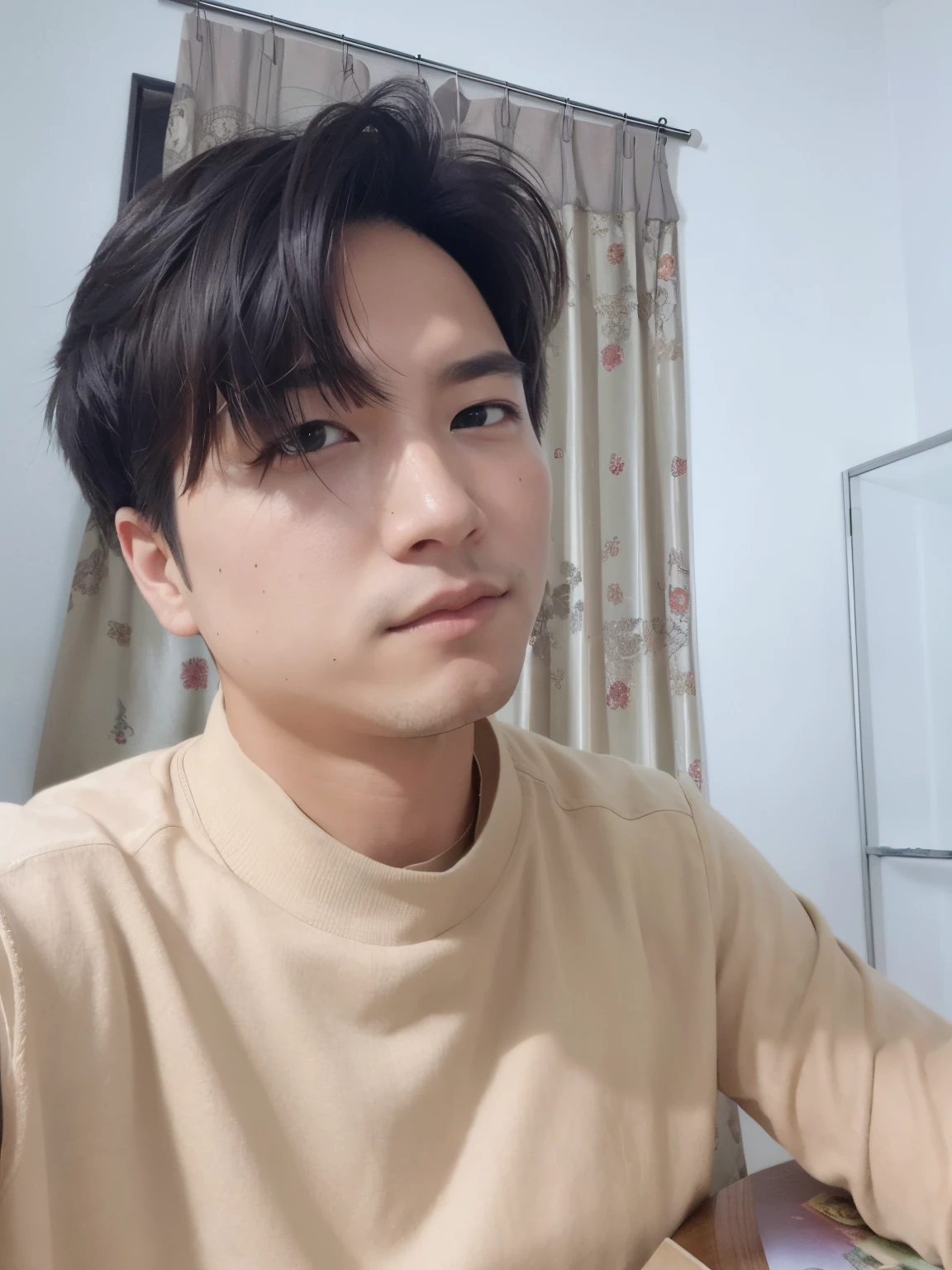 (actual),tmasterpiece,Best quality,电影灯光,naturalshadow,highest details,professional photoshooting,detailedbackground,depth of fields,insanely details,iintricate,Aesthetic,Detailed faces,sub surface scattering,looking at viewert,1 boy,28 year old,Half a body,tilt your head slightly,45° side,light  smile,Shady,2.5D Men&#39;s Sack,Khaki brown crew neck top,Sit at the table, 8k photograph