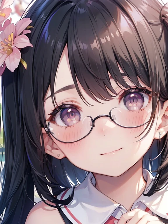 ultra-detailliert, Best Quality, hight resolution, ((A cute naked toddler with black hair and droopy eyes is wearing rounded glasses and is looking up.))、Pretty eyes, Detailed eye depiction, Eye sparkle, Looking at Viewer, Open your eyes, pale skin, (((Petite))), (flat chest:1.4), (blush:1.2), (big eye:1.4), (tareme:1.4), In the park where cherry blossoms dance, Focus on the face, long ponytail hair, ((super close up of tongue))、(((from above))), open_mouth, (((face only:1.4))), ((naked)), nsfw, saliva, close up of face, up of face, (close up face:1.4)