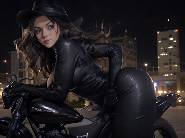 sexy, lustfull,  all black, skinsuit, , nightime, city, 8k, ultra hd, beautiful, leaning on motorcycle backwards, facing camera, black gloves, black hat, baseball cap, tight , showing longe wavy hair, hair coming out of hat,