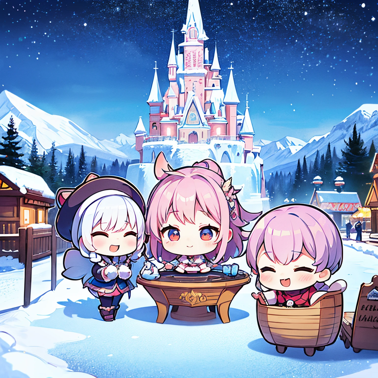 finest image, The painting style resembles anime characters from fairy tales, snowy mountains, frozen lakes, sparkling amusement park-like decorations, (chibi deformed characters, children, animals:1.4), people having fun, fantasy