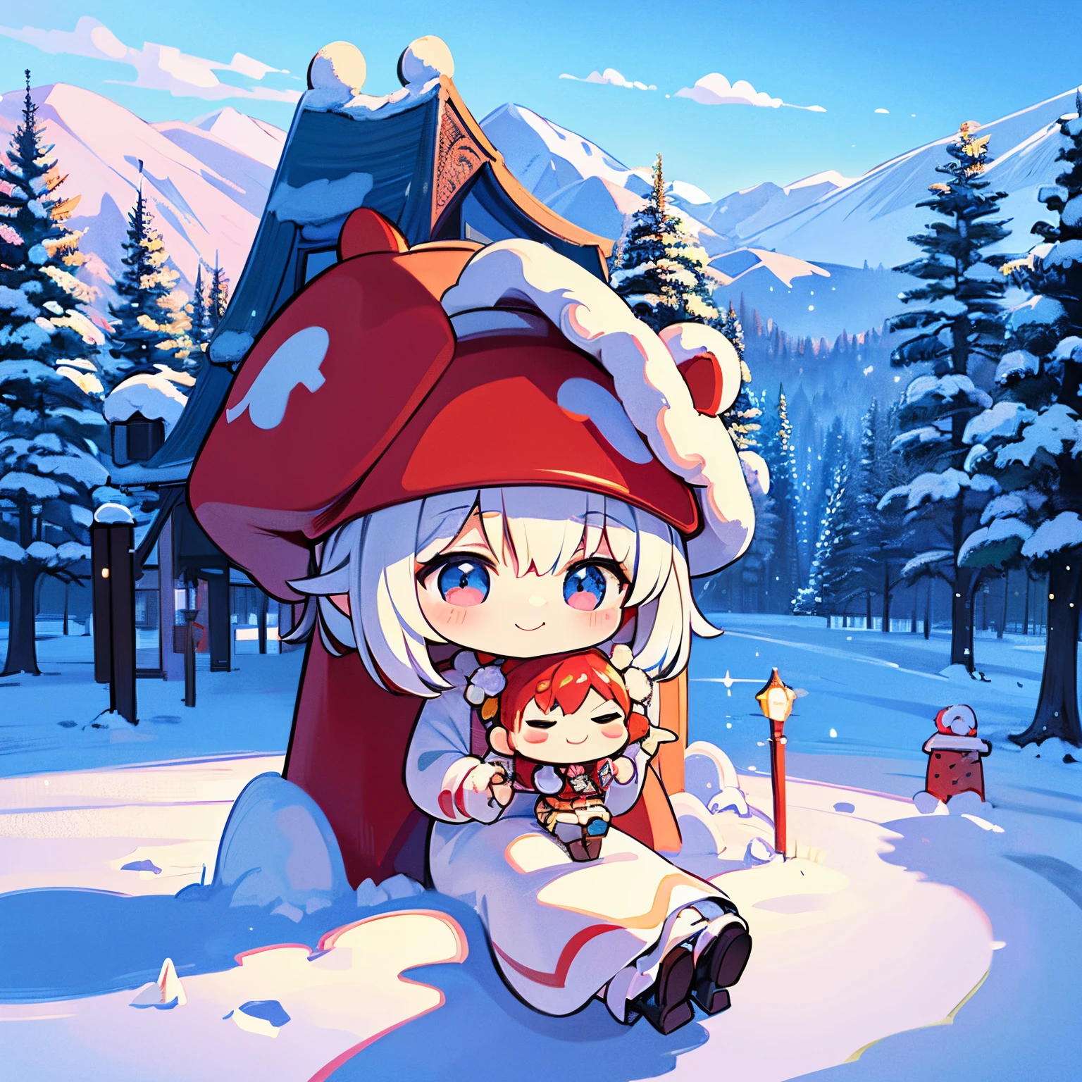 finest image, The painting style resembles anime characters from fairy tales, snowy mountains, frozen lakes, sparkling amusement park-like decorations, (chibi deformed characters, children, animals:1.4), people having fun, fantasy