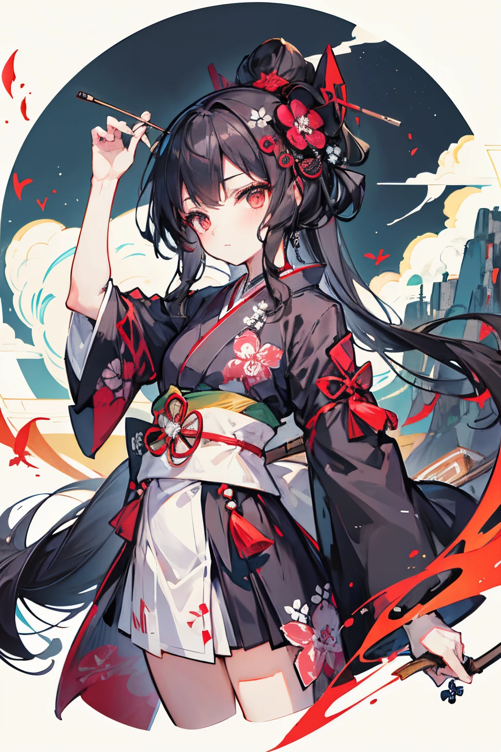 1 anime catgirl, black cat ears, with long black hair tied back, Two small tufts of hair in front, wearing a traditional white blouse with voluminous sleeves and a high collar, paired with a long red skirt that has a bow at the waist. The character is in a standing pose and has an elegant and refined appearance. She has accent purple eyes, detailed anime eyes, she is the shrine priestess. She has a traditional dance pose. red hakama and white kimono. Slim waist. 
