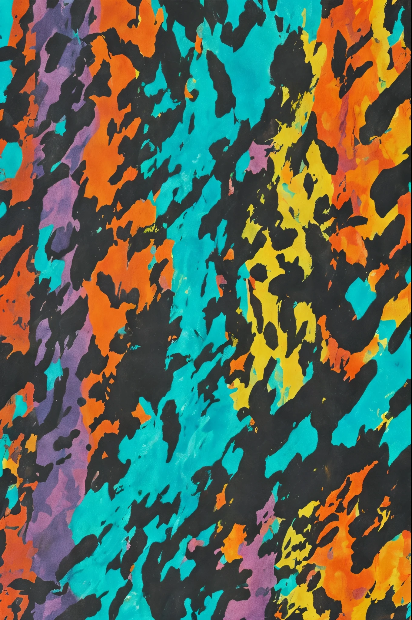 using a tiger stripe camouflage pattern using the colors black, international orange, cyan, and magenta.