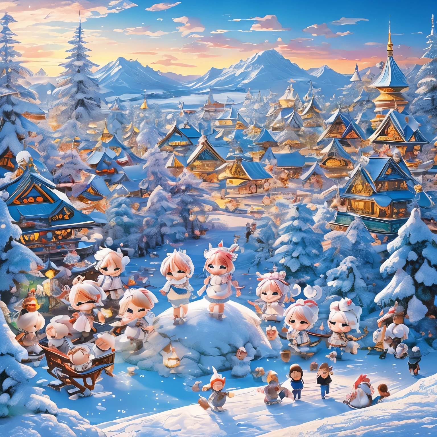 finest image, The painting style resembles anime characters from fairy tales, snowy mountains, frozen lakes, sparkling amusement park-like decorations, (chibi deformed characters, children, animals:1.4), people having fun, fantasy