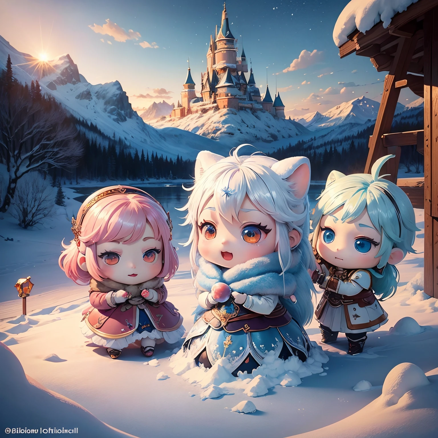 finest image, The painting style resembles anime characters from fairy tales, snowy mountains, frozen lakes, sparkling amusement park-like decorations, (chibi deformed characters, children, animals:1.4), people having fun, fantasy
