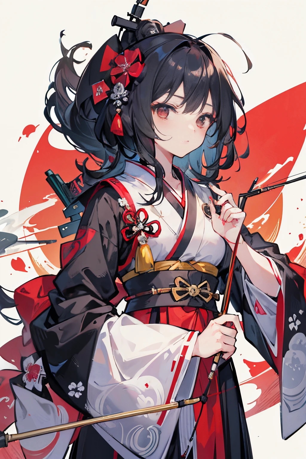 {{flat_style}},{simple_colors},{{{masterpiece}}},{katsushika_hokusai},long_hair,hair_flower,{{black_hair}},red_eyes,{{{best_quality}}},kimono,{{ultra-detailed}},{{1girl}},{{{solo}}},there is a girl with a bow and arrows in hers hand, an archer girl, with a bow and arrow, holding a bow and arrow, pointing hers bow, robin hood, drawing an arrow from his quiver, holding a bow and arrow, game illustration, archer bow, holding a longbow, a beautiful artwork illustration, hold mechanical bow and arrow, bow and arrow