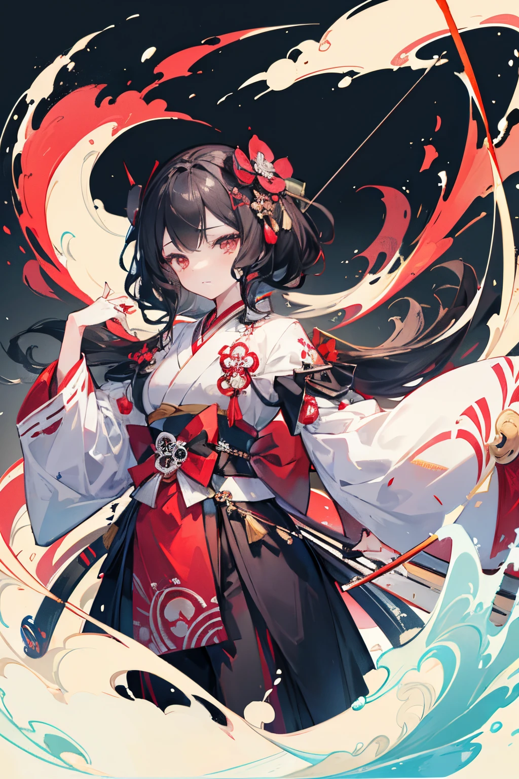 {{flat_style}},{simple_colors},{{{masterpiece}}},{katsushika_hokusai},long_hair,hair_flower,{{black_hair}},red_eyes,{{{best_quality}}},kimono,{{ultra-detailed}},{{1girl}},{{{solo}}},there is a girl with a bow and arrows in hers hand, an archer girl, with a bow and arrow, holding a bow and arrow, pointing hers bow, robin hood, drawing an arrow from his quiver, holding a bow and arrow, game illustration, archer bow, holding a longbow, a beautiful artwork illustration, hold mechanical bow and arrow, bow and arrow