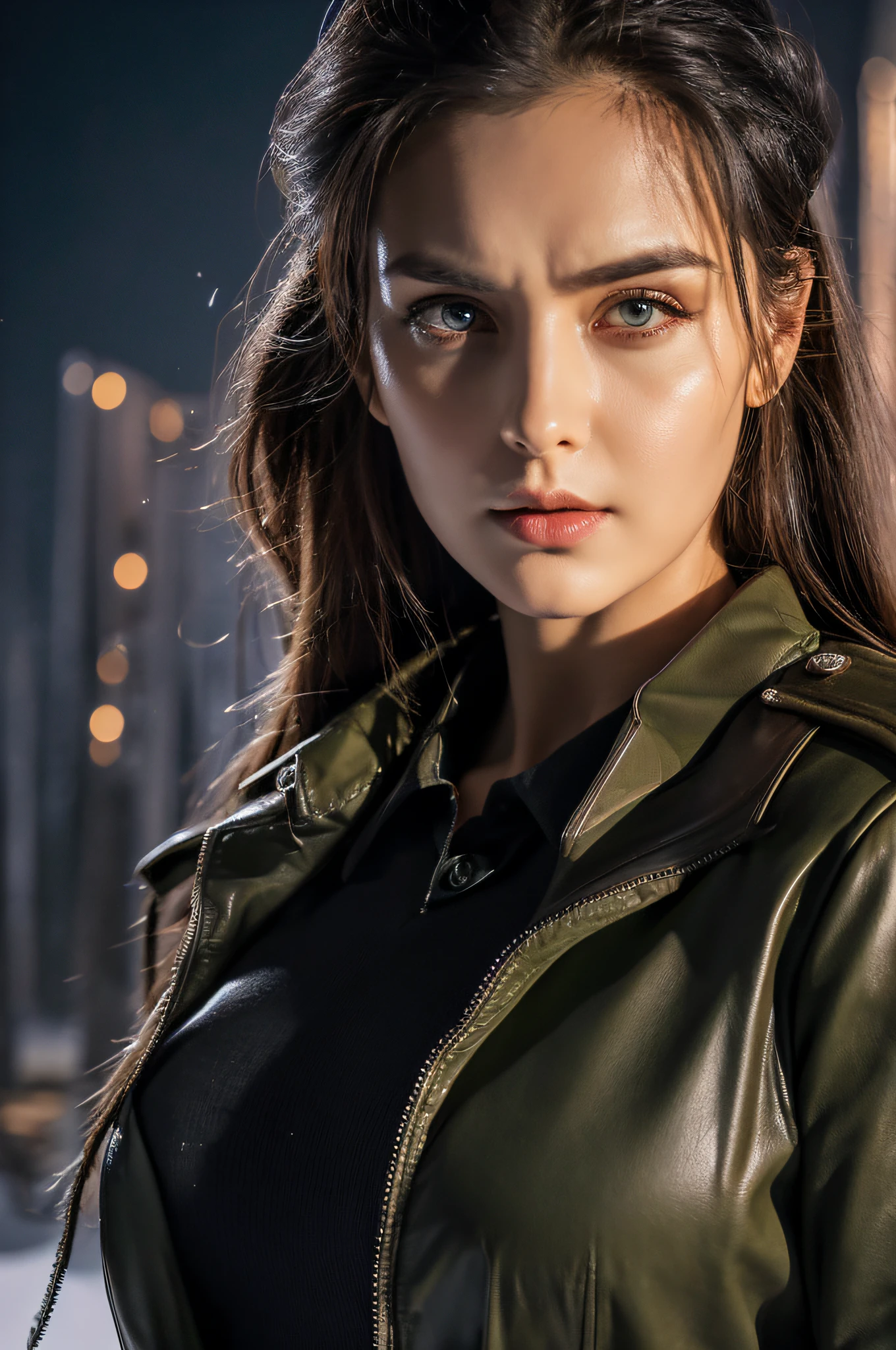 beautiful ((similing)) relytvil posing in (dynamic pose) as a world war 2 diesel punk army officer, black leather uniform with cleavage wearing leather army hat, photo referenced, highest quality, high quality, (detailed face and eyes), dusk lighting,, strong makeup, industrial, outdoor snow forest background ((close up))