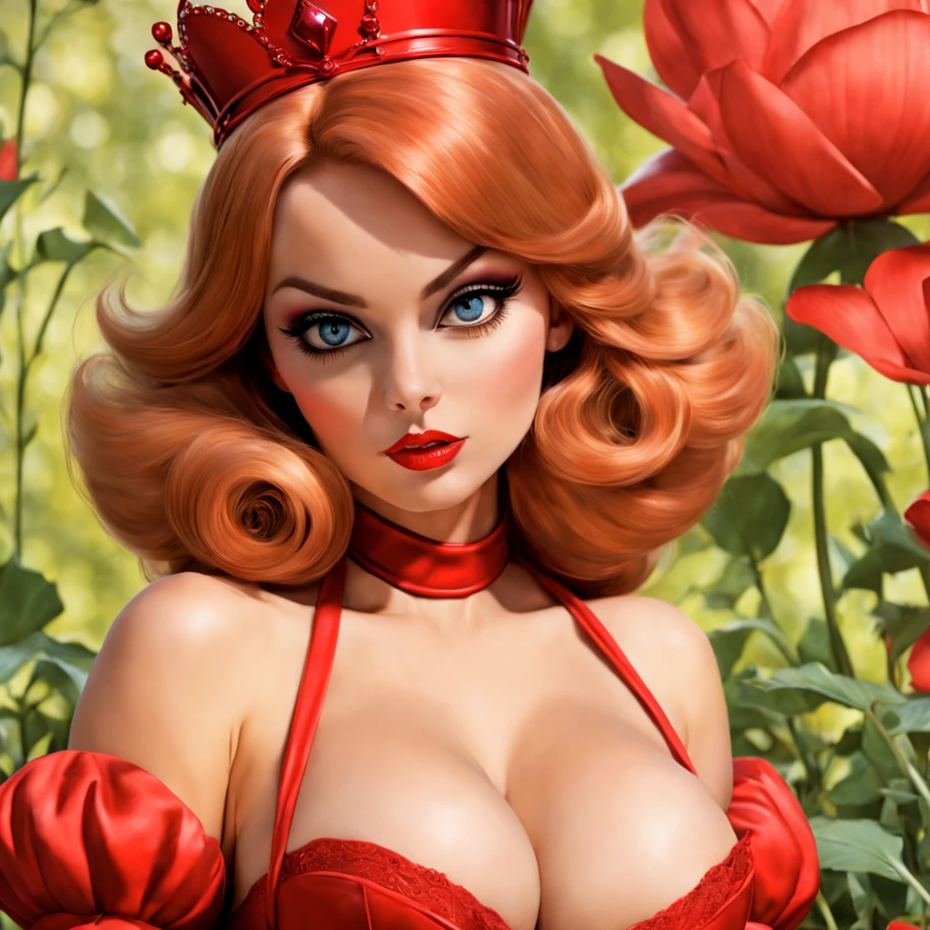 nsfw, Red Queen from Alice in Wonderland, nude, big breasts, 1960s playboy magazine, centerfold, playboy playmate