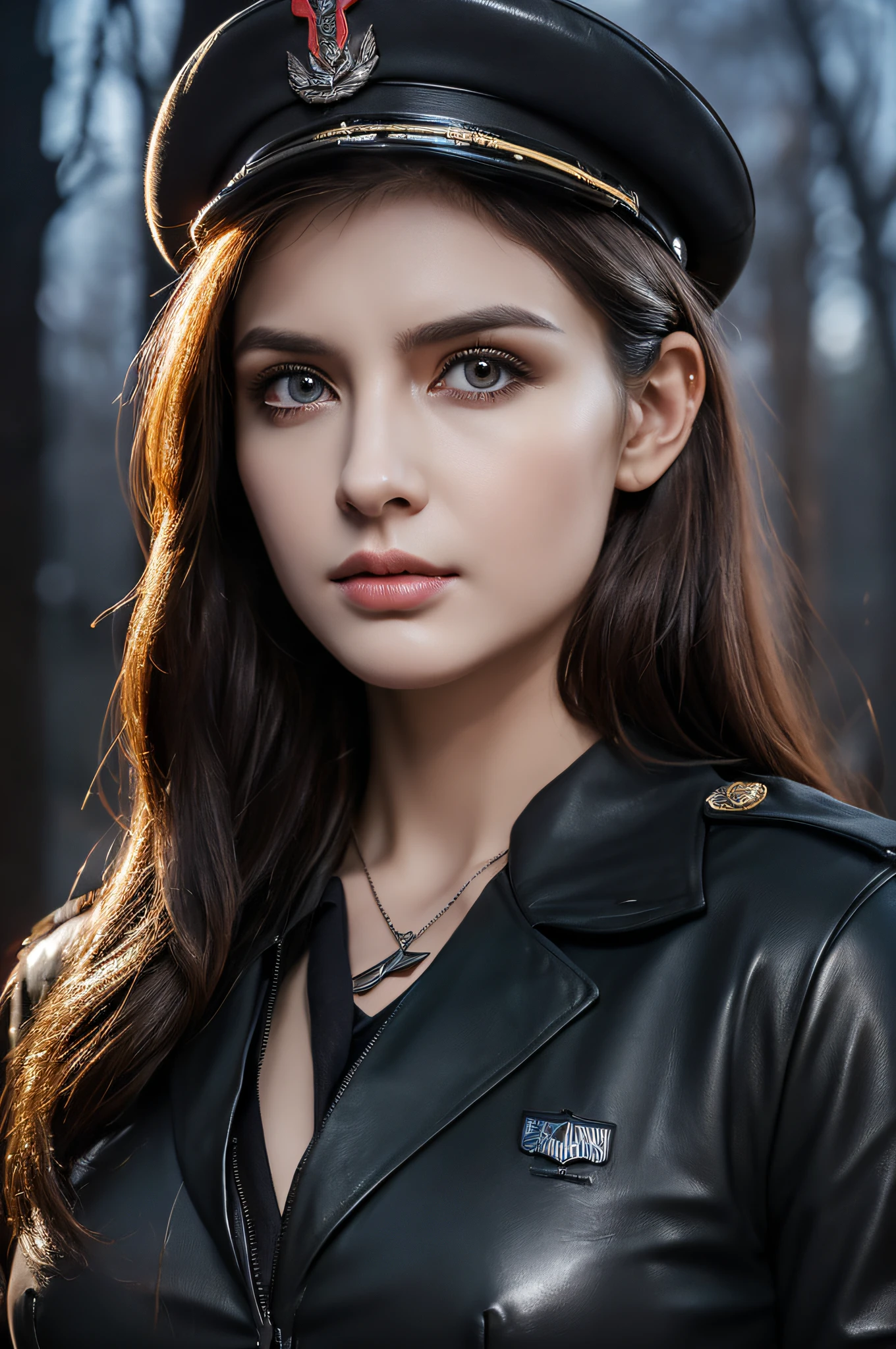 beautiful ((similing)) relytvil posing in (dynamic pose) as a world war 2 diesel punk army officer, black leather uniform with cleavage wearing leather army hat, photo referenced, highest quality, high quality, (detailed face and eyes), dusk lighting,, strong makeup, industrial, outdoor snow forest background ((close up))