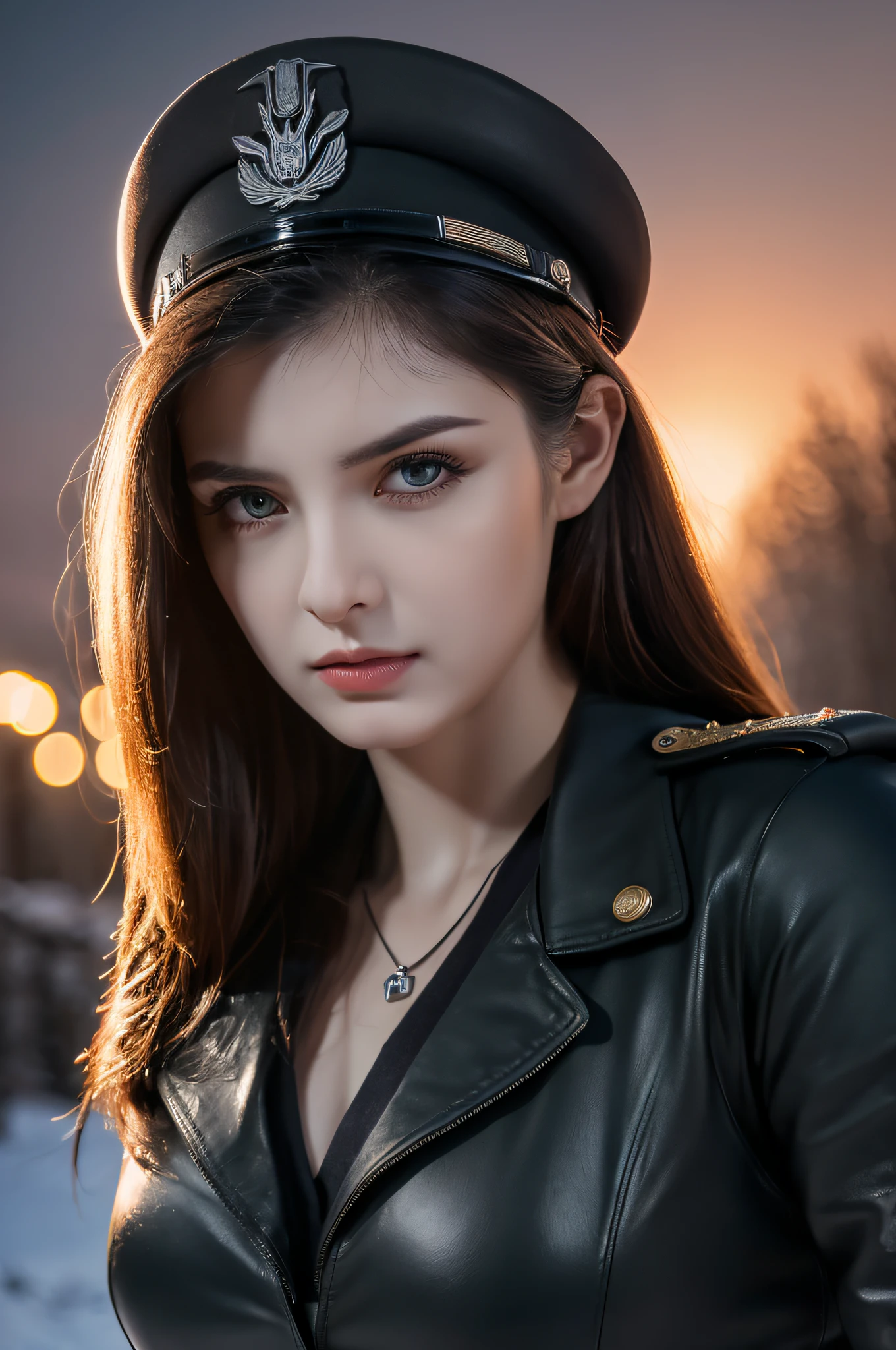 beautiful ((similing)) relytvil posing in (dynamic pose) as a world war 2 diesel punk army officer, black leather uniform with cleavage wearing leather army hat, photo referenced, highest quality, high quality, (detailed face and eyes), dusk lighting,, strong makeup, industrial, outdoor snow forest background ((close up))